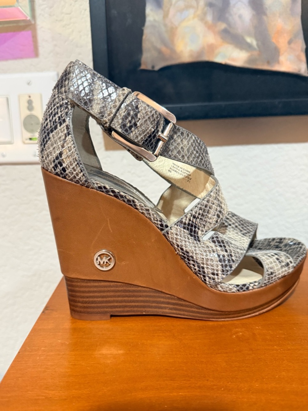 Michael Kors Brown Gray Snake Print Wedge Sandal Size 8